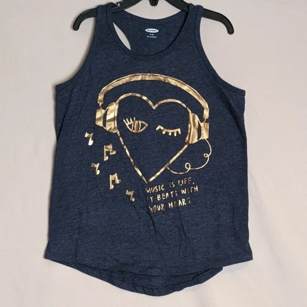 Old Navy Blue and Gold Racer Back Music Tank Top size Medium 8